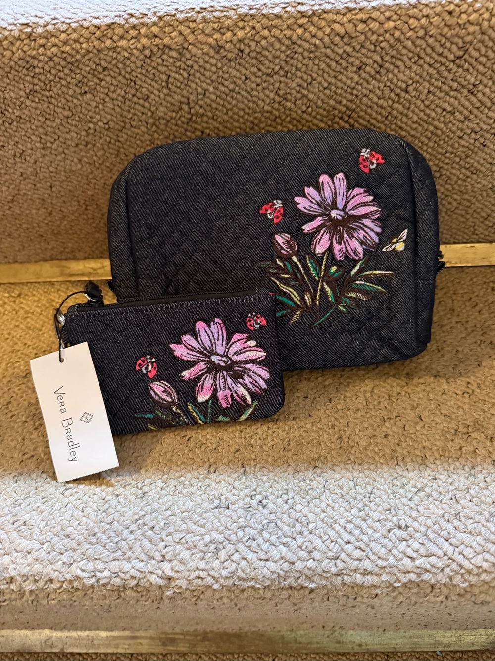 Vera Bradley Gray Quilted Cosmetic Pouch Set with Pink Floral & Lady Bug